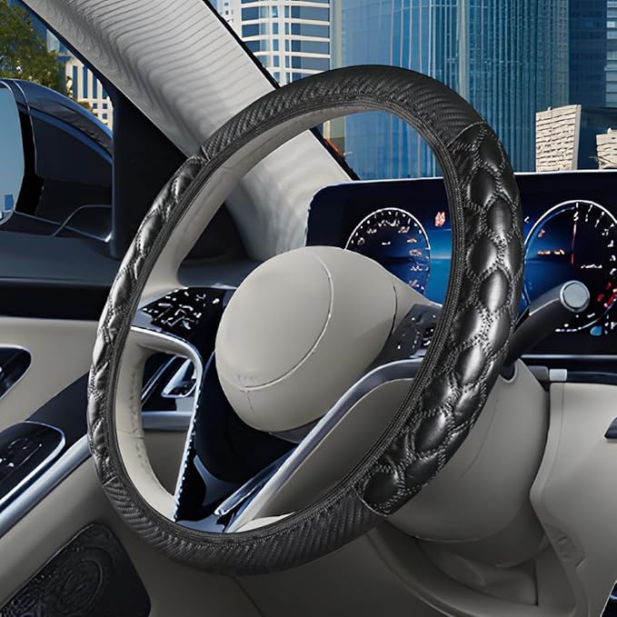 Car Steering Wheel Cover, 15 inch Elastic PU Leather Non-Slip Vehicle Steering Wheel Protector, Breathable Automotive Interior Accessories, Universal for SUV, Truck, RV (Black)