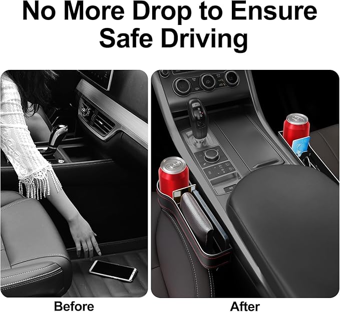 LEYACS Car Seat Gap Filler, Car Seat Organizer with Cup Holder, Car Seat Gap Filler Organizer with 2 Seat Back Hooks for Phones, Keys, Cards, Canned Drinks, Ideal for Car storage Box - 2 Pack