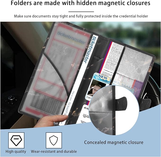 Augeny Car Registration and Insurance Holder, 5.23" x 5.08" Premium Auto Glove Box Organizer with Magnetic Closure, Wallet Case Accessories for Cards, Document, Driver License (Marble Black-2, Large)