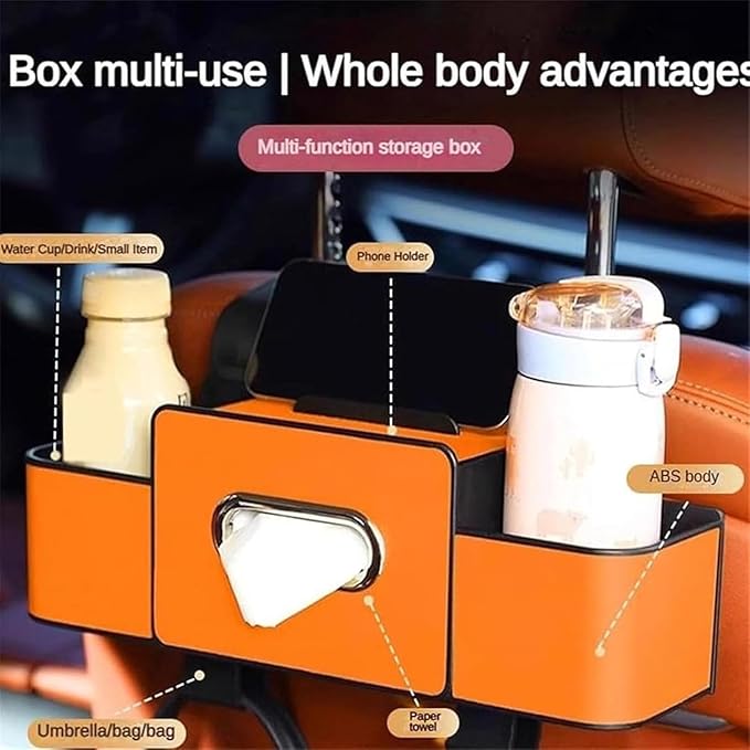Car Organizer and Storage Box, Car Organizer and Storage Box Back Seat, 4 in 1 Multifunctional Car Back Seat Storage Box with Drink Cup Holder Tissue Box,for Drinks, Handbag (1, Dark Brown)