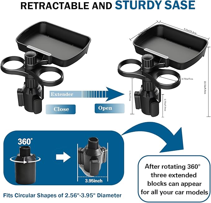Car Cup Holder Expander, 4in1 Universal Cup Holder Tray Compatible with 2.3" to 3.6", Multi Cup Holders Table with Large Food Tray Swivel and Detachable for Travel Auto Trucker Road Trip Essentials