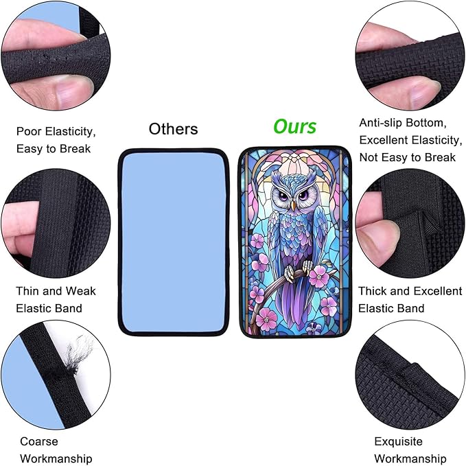 JANENFNA Car Armrest Cover Pads Universal Fashion Cute Auto Center Console Armrest Cover Pad with 2PCS Car Coasters Soft Waterproof Car Armrest Seat Protector for Women,Stained Glass Owl
