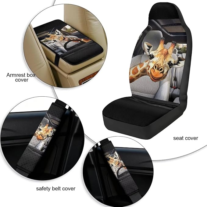 Qeluxign Funny Giraffe Car Accessories Set for Women Center Console Armrest Pad Seat Belt Cushion Universal Car Accessories for SUV Van Truck