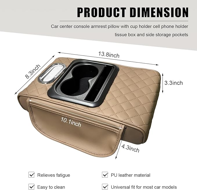 Car Center Console Armrest Pillow, Leather Arm Rest Cover Pad with 2 Storage Pockets Cup Holder & Phone Slot, Soft Middle Console Cushion Protector for Most Vehicles (Beige, Embroidered)