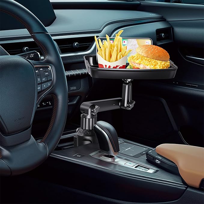 DOUBFIVSY Larger Cup Holder Tray for Car, 10 inch Car Food Tray with Phone Holder Detachable 3 in 1 Car Cup Holder 360° Rotating Food Table Tray Expander for Eating