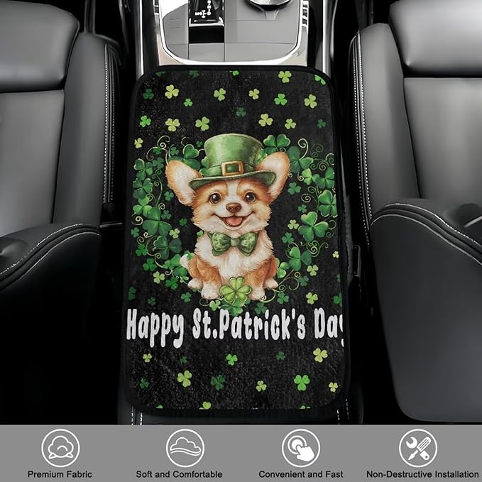 Bulopur St. Patrick's Dog Car Center Console Cover Protector Arm Rest Car Flannel Comfortable Auto Armrest Console Accessories Universal Fit Most Cars Women Men
