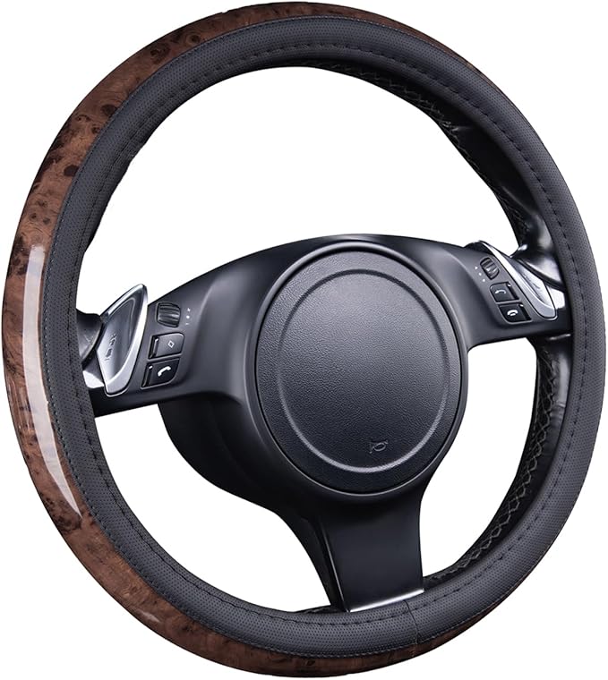 CAR PASS Wood Grain Microfiber Leather Steering Wheel Cover, Universal Fit for 14 1/2-15 inch Black Steering Wheel, Anti-Skip Veins Design,Cars, Suvs,Vans, Sedans (Black)
