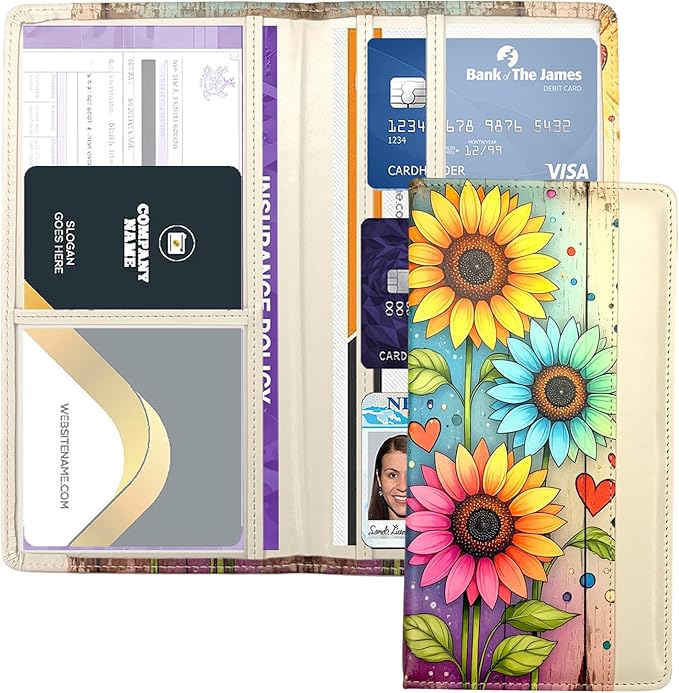 FinestHouse Car Registration and Insurance Holder with Magnetic Closure, Universal Document Organizer for License, Insurance Cards & Glove Box Storage (Sunflower-Colorful)