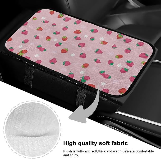 CLOHOMIN Pink Strawberry Car Center Console Cover Cute Armrest Cover for Car Truck Van Flannel Auto Arm Rest Cover Accessories with Elastic Bands