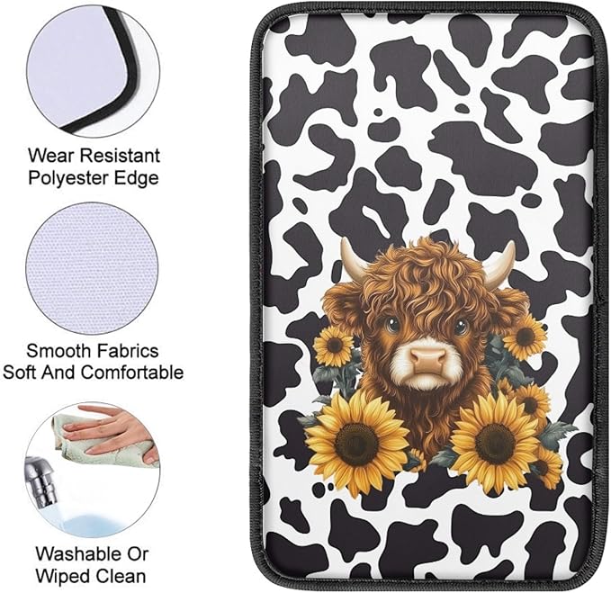 Highland Cattle Cow Print Car Center Console Cover Pad,Universal Armrest Seat Box Cover for Most Vehicle, SUV, Truck