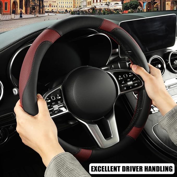 Binsheo Microfiber Leather D Shaped Steering Wheel Cover, Breathable, Anti Slip, 13.5 inch to 14 inch, Black with Burgundy