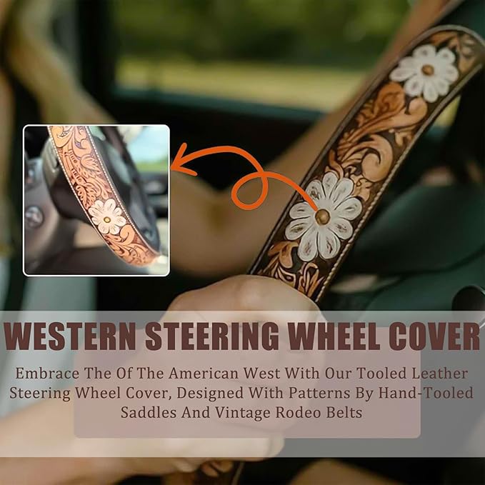 Retro Western Cowboy Car Universal Steering Wheel Cover, Embossed Handcrafted Tooled Leather Western,Anti Slip, Auto Interiors Accessories,Breathable for Trucks SUVs Cars (B)