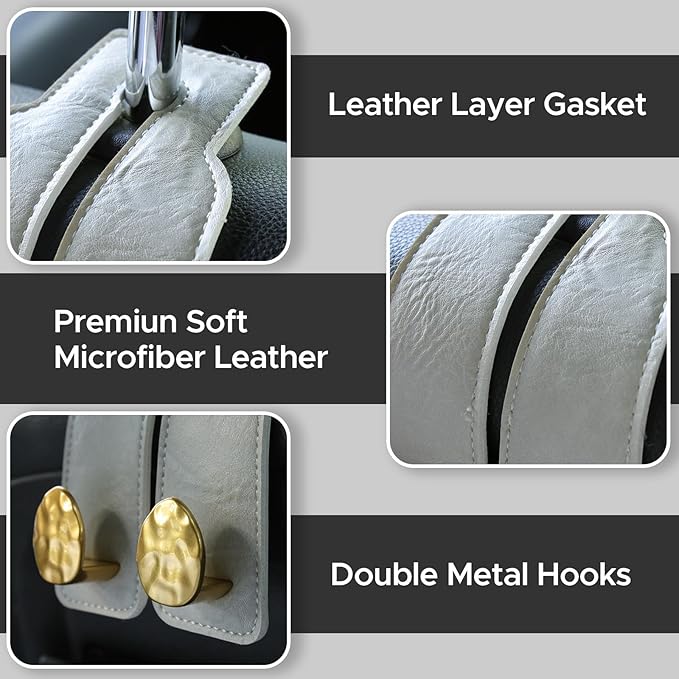 URIZZD 4 PCS Leather Car Seat Hooks for Headrest, Vehicle Hanger Storage Organizer Universal for Handbag Purse, Car Accessories Gift (Grey-Gold-4 PCS)