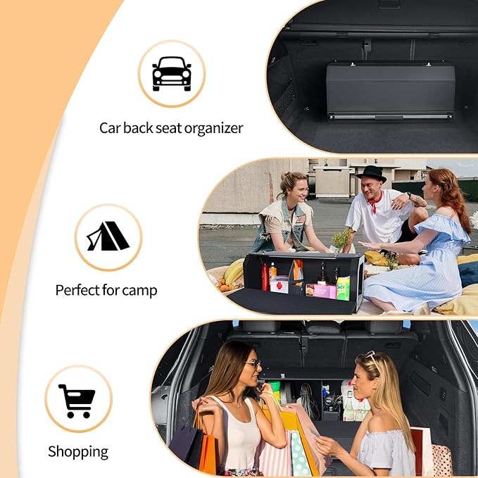XCF Car Trunk Organizer, Sturdy Car Storage Organizer with Lid and Push-pull Handle Collapsible Leather Cargo Organizer for Suv, Truck, Sedan, Van (Black, 26.7 x 11.4 x 12.2in)