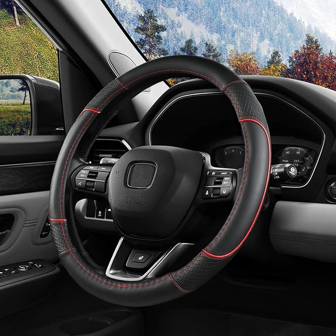 ANMOSVO Steering Wheel Cover for Honda Civic Accord CRV HR-V Pilot Passport Odyssey - Microfiber Leather & Anti-Slip Safety Design 14.5-15 Inch Custom Fit (Red-Standard Size)