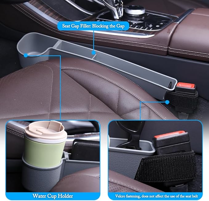 Car Seat Gap Filler, Multifunctional Seat Side Gap Filler with Cup Holder & Organizer, Gap Stopper Universal Fit Car SUV Truck Fill The Gap Between Seat & Console Set of 2 (Gray)