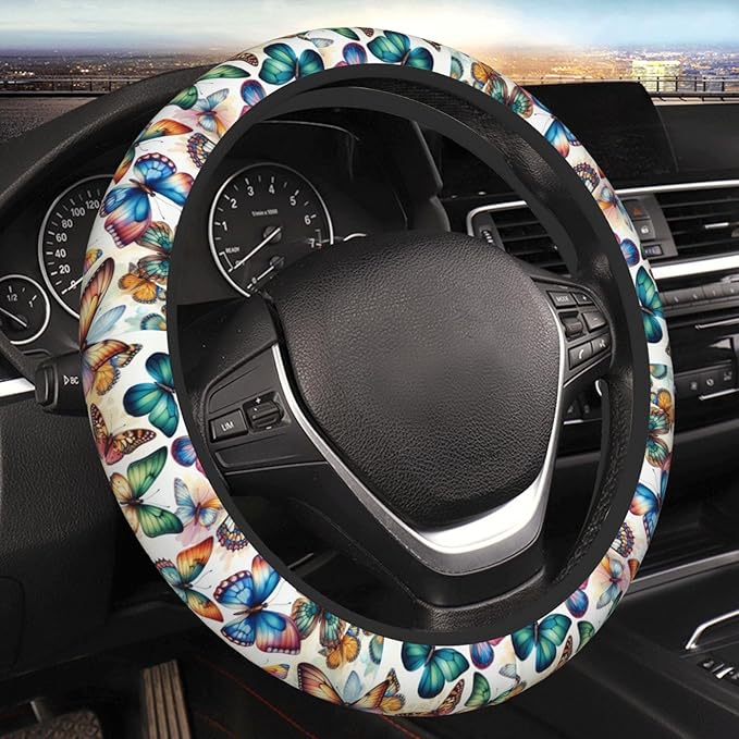 Colorful Butterfly Neoprene Steering Wheel Cover for Men Women Anti-Slip Elastic Steering Wheel Protective Cover 15in Universal Car Accessories Fit Cars, SUVs, Auto