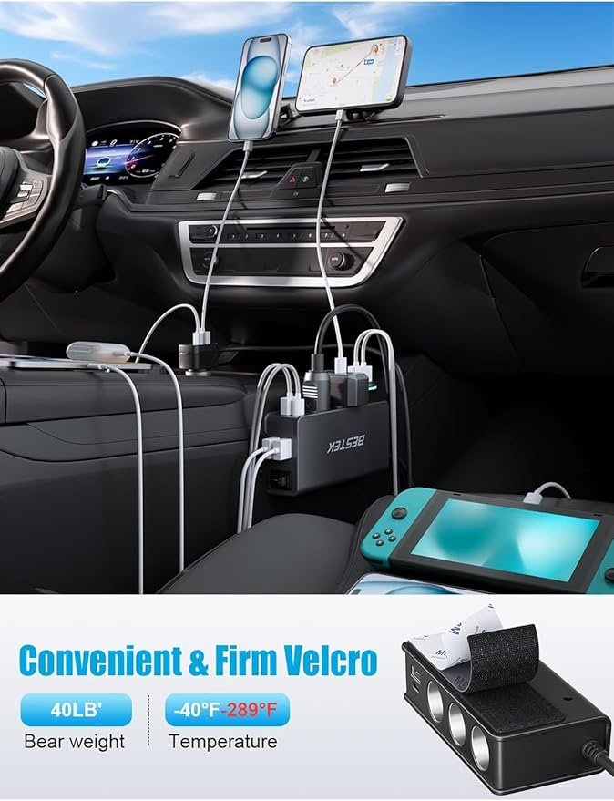 BESTEK 9 in 1 Cigarette Lighter Splitter,148W 3-Socket Multi Port Outlet Car Charger PD30W and 4 USB-A QC3.0 18W with LED Display 12V/24V Vehicle Super Fast Adapter for GPS, Dash Cam, iPhone, Car