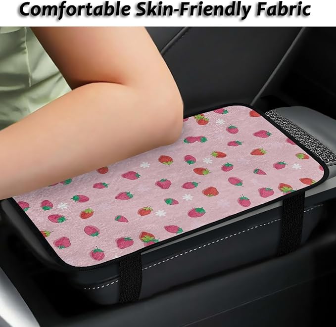 CLOHOMIN Pink Strawberry Car Center Console Cover Cute Armrest Cover for Car Truck Van Flannel Auto Arm Rest Cover Accessories with Elastic Bands