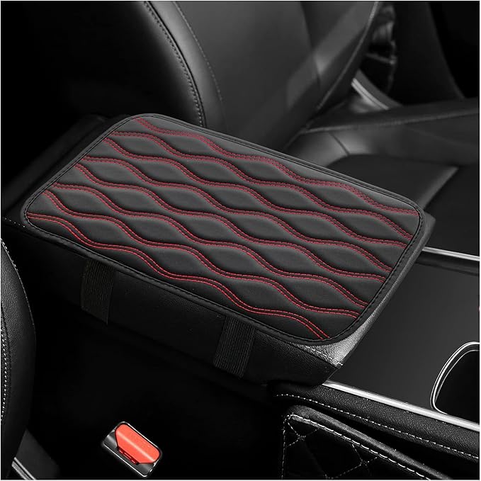 Car Center Console Pad, Waterproof PU Leather Auto Armrest Box Cover, Comfortable Vehicle Arm Rest Protector Cushion Pad for Car SUV, Universal Car Accessories (Black+Red)