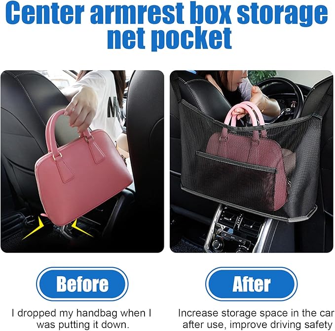 Ziciner Car Net Pocket Handbag Holder, Organizer Mesh Bag Between Two Seat, Driver Storage Netting Pouch for Handbag Purse, Barrier of Backseat Pet Kids, Car Accessories for Women Men (Black)