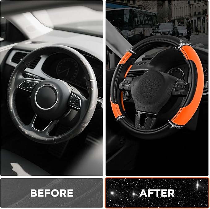 Road Comforts Leather Steering Wheel Cover - Made with PVC Leather - Anti-Slip, Universal Fit 14 1/2 inches to 15 inches - Orange