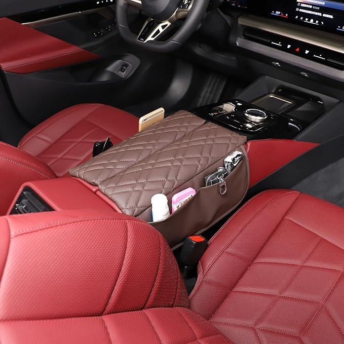Car Center Console Cover Compatible with BMW 5 Series G60 2024 Sedan,Center Seat Armrest Cover Pad Leather Cushion Anti-Scratch Protector with Side Mobile Phone Storage Pockets 2PCS (Coffee Color)