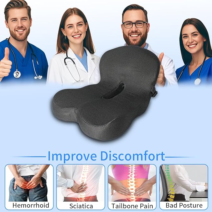 XZdream Memory Foam Seat Cushion,Office Chair Cushion with Lumbar Support for Back Pressure Relief, Car Seat Cushion with Adjustable Strap,Sciatica Pad Cushions for Car,Truck (Black+Mesh Cloth)