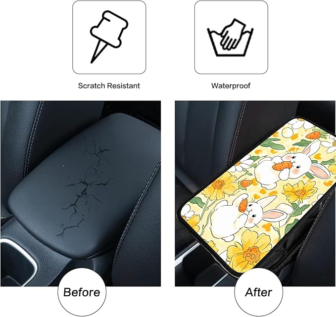JANENFNA Car Armrest Cover Pads Universal Fashion Cute Auto Center Console Armrest Cover Pad with 2PCS Car Coasters Soft Waterproof Car Armrest Seat Protector for Women,Cute Rabbit