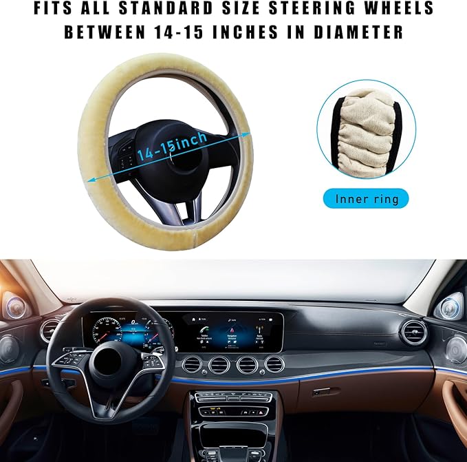 Augeny Fuzzy Car Steering Wheel Cover, Anti-Slip Soft Plush Steering Wheel Protector, 15 Inch Elastic Wheel Covers, Universal Vehicle Interior Winter Warm Accessories for Men Women (Beige)