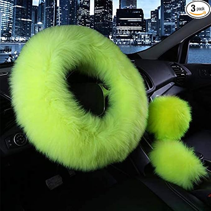 3 Pcs Car Steering Wheel Cover & Handbrake Cover & Gear Shift Cover Set Faux Wool Warm Winter (Green)