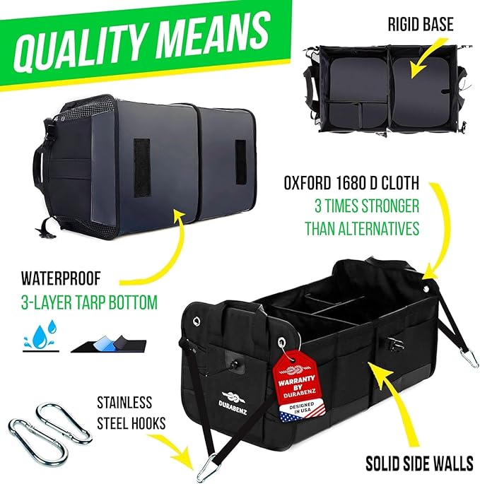 DURABLEZ Trunk Organizer 5-Section Modular XL Car Storage System – Extra Large Cargo Organizer for Car Trunk, Foldable Multi-Compartment Auto Organizer, Heavy Duty Oxford 1680D – Black