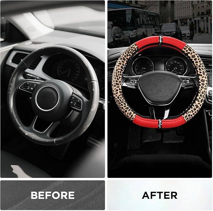 Road Comforts Leopard Steering Wheel Cover - Made with PVC Leather Cheetah Print, D-Shaped Automotive Steering Wheels - Anti-Slip, Universal Fit 14 1/2 inches to 15 inches - Red