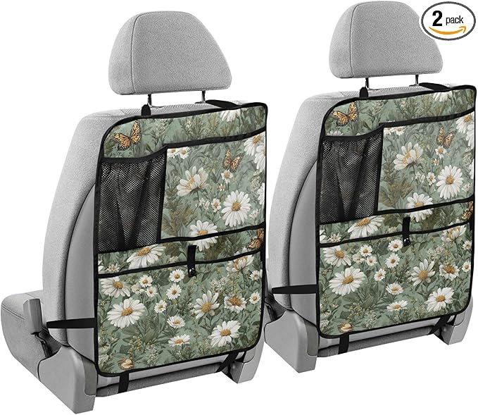 2 Pack Back Seat Car Organizer with Storage Pockets Kick Mats Back Seat Protector Hanging Car Organizer Automotive Seat Back Cover Organizers Summer Daisy Butterfly Green