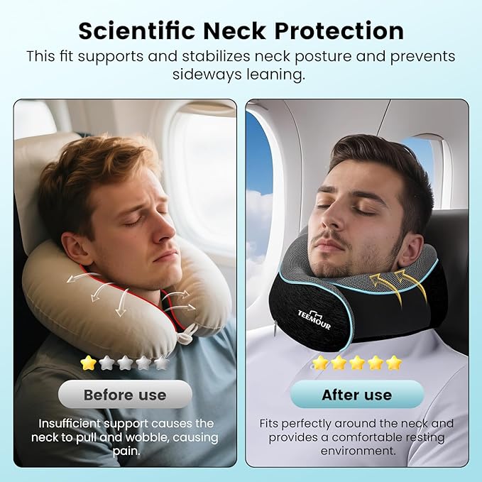 Upgraded Neck Pillow for Airplane Travel - 360° Support Stops Head Bobbing, Memory Foam Travel Pillow With Eye Mask & Earplugs, Portable Carry Bag for Long Flights/Car| Airplane Accessories Black