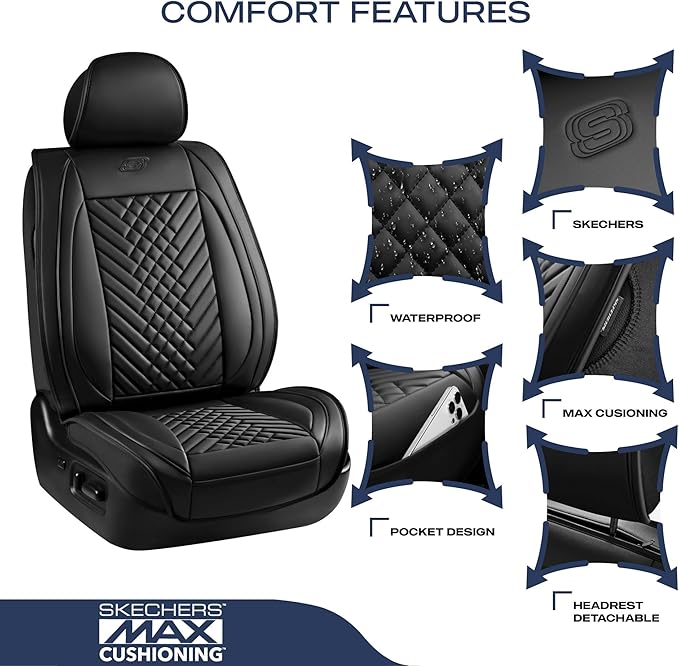 Skechers Car Seat Covers,MAX Cushioning Memory Foam Piping Leather Seat Covers,Waterproof Car Seat Protector Full Set,Car Seat Cushion Airbag Universal Fit for Most Cars,Vans,Trucks,SUV,Black