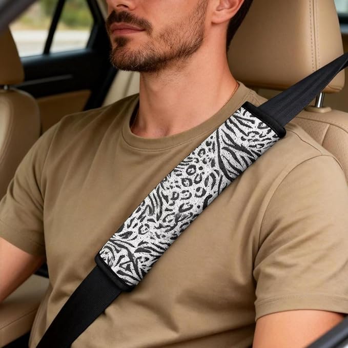 Psesaysky Leopard Zebra Stripe Leather Car Seat Covers for Automotive Front Seats 2PCS + Armrest Cover + Seat Belt Covers 2PCS, Full Set 5PCS Universal Fit for Most Cars Trucks