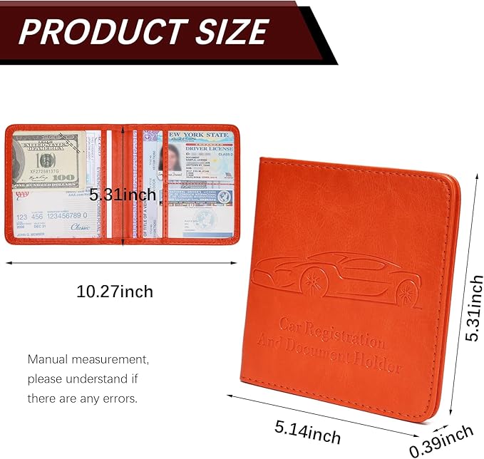 Car Registration and Insurance Holder, Vehicle Glove Box Car Organizer with Magnetic Closure for Documents, Cards, License Car Organization, 1-Pack Orange