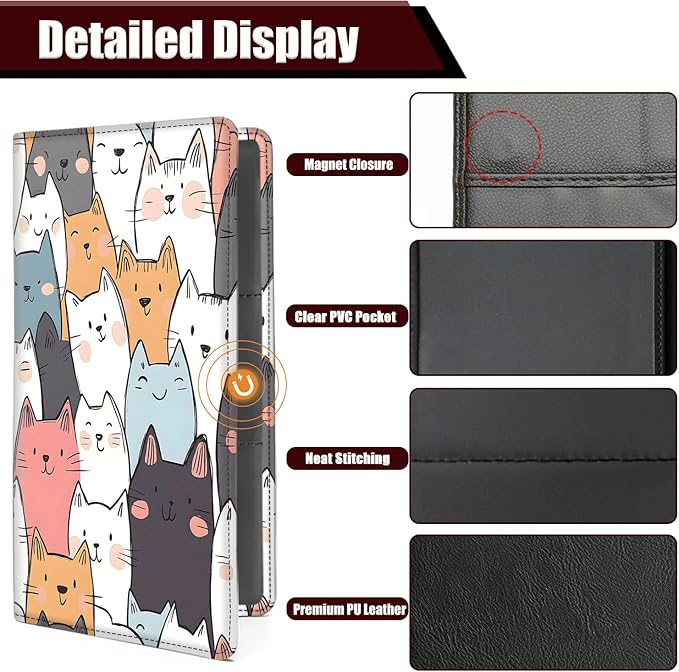 Car Registration Holder, PU Leather Vehicle Glove Box Organizer for Driver License, Document, Car Insurance Holder with Magnetic Shut, Auto Paperwork Wallet Case Accessories, Cute Cartoon Cats