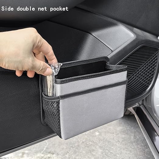 AOWIS Car Trash Can, Foldable Multifunctional Hanging Storage Box Trash Can with a Roll of Garbage Bag, Multi Pocket Design Suitable for Car, Home and Office (Beige)