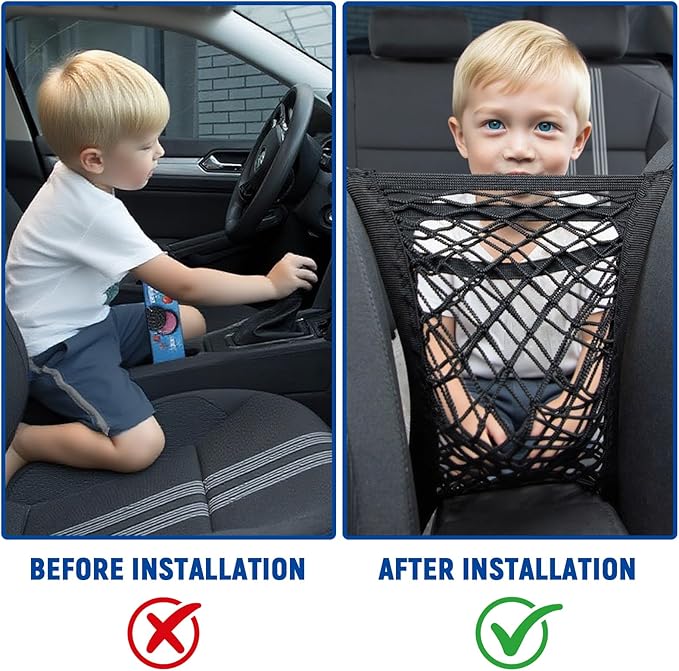 3-Layer Car Mesh Organizer,Seat Back Net Bag Organizer,Stretchable Pet Barrier Dog Car Net Barrier&Storage Bag of Backseat Pet Kids,Cargo Tissue Handbag Purse Holder,Driver Storage Netting Pouch
