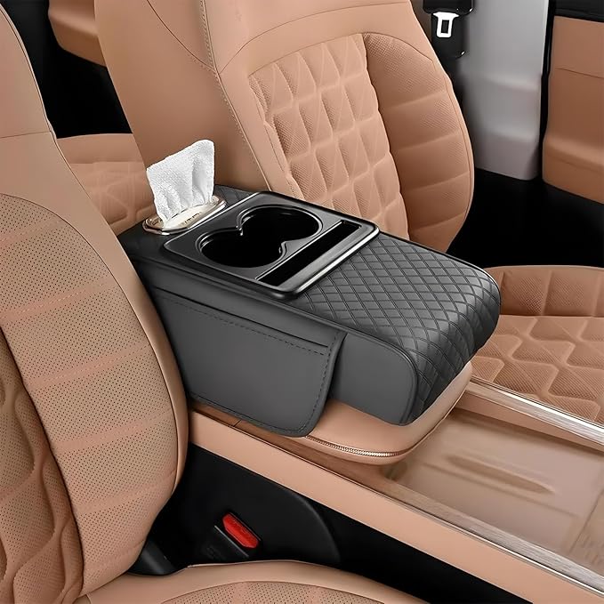Multifunctional Pu Leather Car Armrest Box Mat With Cup Holders, Universal Armrest Box Pad, With Side Pockets, Easy To Clean Interior Organizer Waterproof For Cars, Trucks, Suvs (Embossed, Gray)