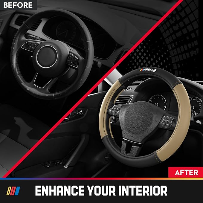 NASCAR Steering Wheel Cover, Two-Tone Beige Leather Patchwork, Universal Fit 14.5"-15.5" Steering Covers for Cars, Anti-Slip, Soft Grip, Odor-Free, Trucks & SUVs, Racing Style Interior Upgrade