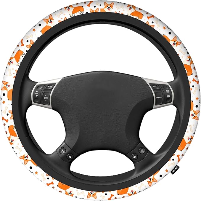 Swono Cute Dog Car Steering Wheel Cover Cartoon Dog Breed Welsh Corgi On A White Safe Driving Anti-Slip Steering Wheel Covers Steering Wheel Protection No Smell Universal 15 Inch