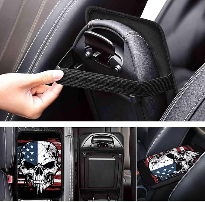 Auto Center Console Armrest Pad Seat Box Cover Universal Fit Car Armrest Cover Cushion Mat for Vehicle, SUV, Truck, Skull American Flag