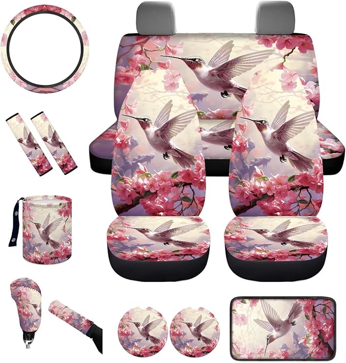 Dngkaoje 13 Pieces Hummingbird Car Seat Covers Full Set for Women Auto Interior Accessories Set for Front Rear,Pink Hummingbird Collapsible Garbage Bin,Armrest Pad Cover,Handbrake Shift Covers