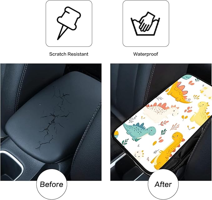 JANENFNA Car Armrest Cover Pads Universal Fashion Cute Auto Center Console Armrest Cover Pad with 2PCS Car Coasters Soft Waterproof Car Armrest Seat Protector for Women,Cute Dinosaur