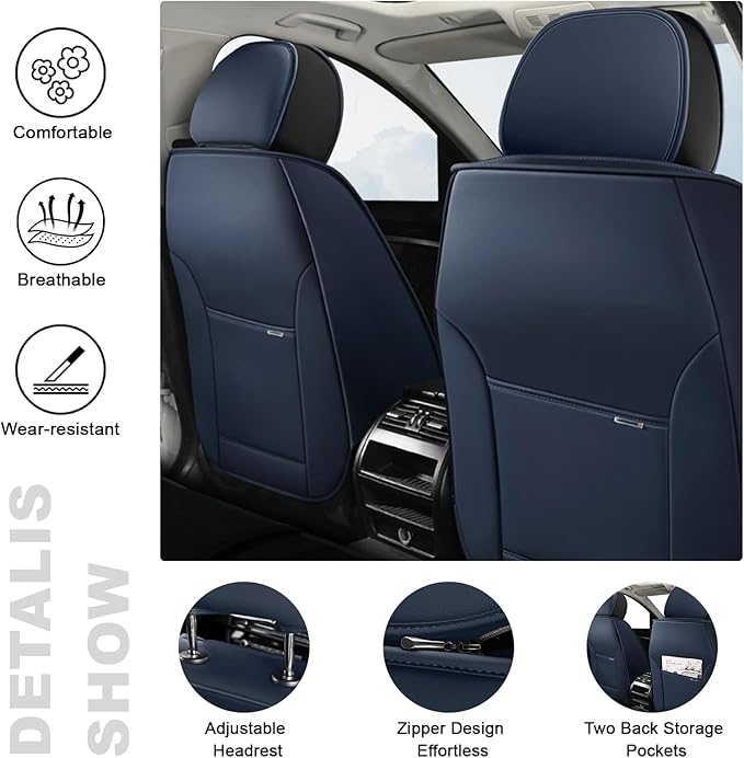 AREKA 2 Car Seat Covers for Honda Accord 2003-2026 Breathable Leather,Waterproof Car Seat Protectors with Comfort Headrest Pillows,Automotive Vehicle Cushion with Storage Pockets (Luxury,Blue)