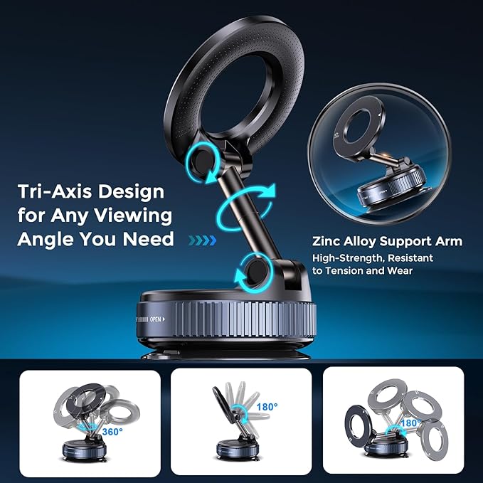 Vacuum Magnetic Phone Holder, Compatible with Magsafe iPhone and All Smartphones, Car/Gym/Kitchen/Mirror/Smooth Surface, Vacuum Suction Phone Mount
