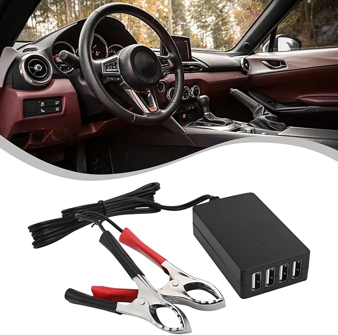 4-Port USB Charger 12V/24V to 5V with Battery Clip, Multiport Adapter for Car, Fast Charging 18W, 8-35V Input, Overcharge Protection